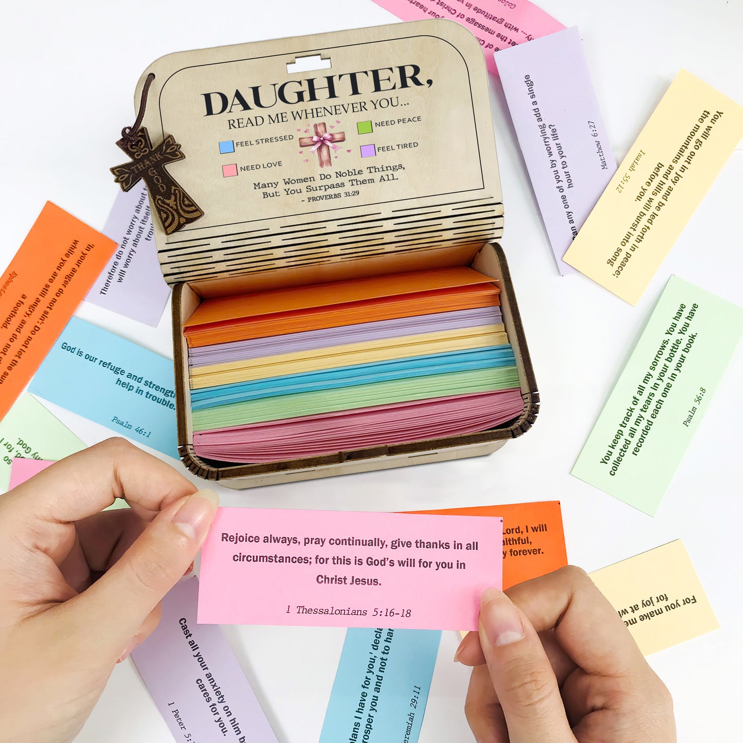 Bible Verse Box for Daughter– 150 Prayer Cards, Bible Verses With Wooden Box for Emotion and Feeling, Gift for Mothers Day, Inspirational Scriptures, Christian Bible Gifts for Women