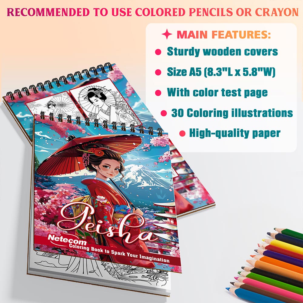 Netecom Geisha Coloring Book Spiral Bound for Adults, A5 Wooden Cover, 30 Elegant Coloring Pages of Traditional Japanese Beauty for Stress Relief and Relaxation