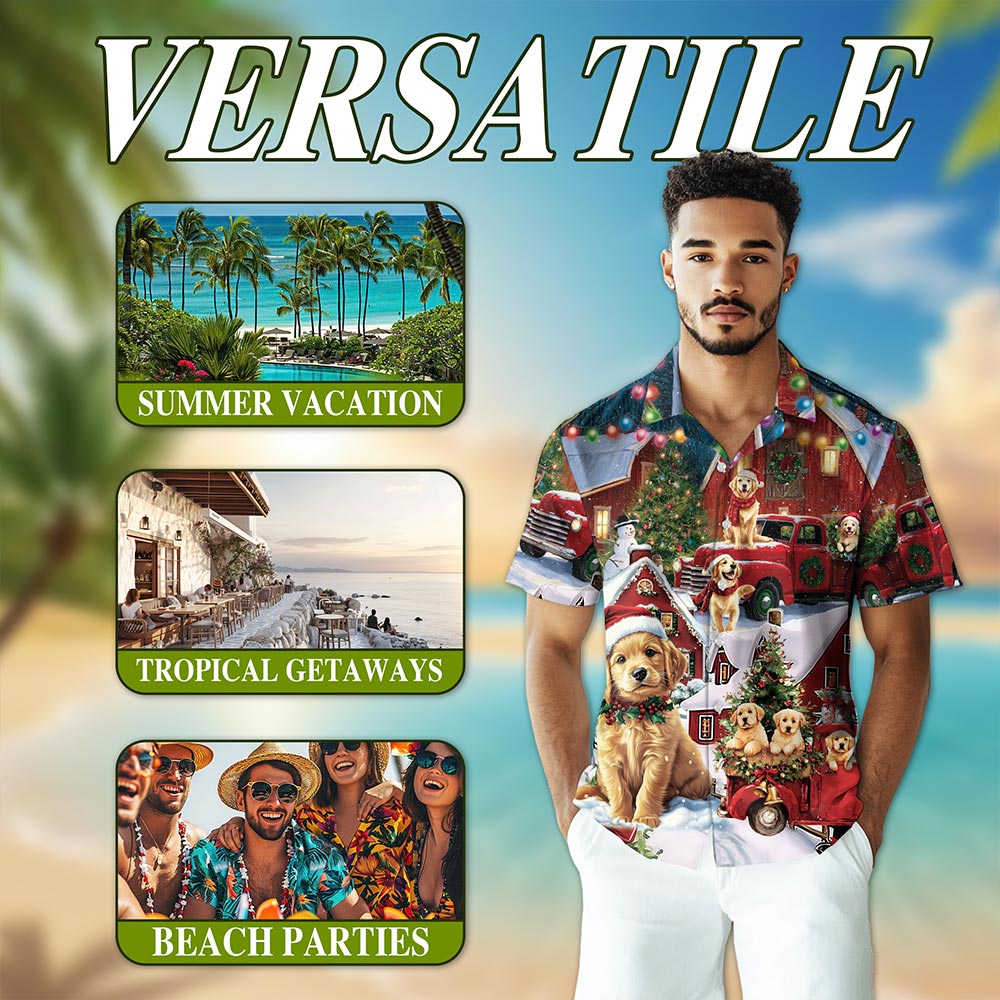 Netecom Golden Retriever Christmas Hawaiian Shirt for Men, Dog Lover Gift, Funny Animal Button Down Summer Beach Shirts, S-5XL