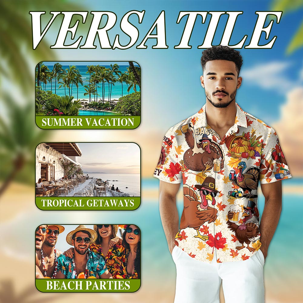 Netecom Happy Turkey Day Thanksgiving Hawaiian Shirt for Men Women, Turkey Drink Beer Button Down Shirts, S-5XL