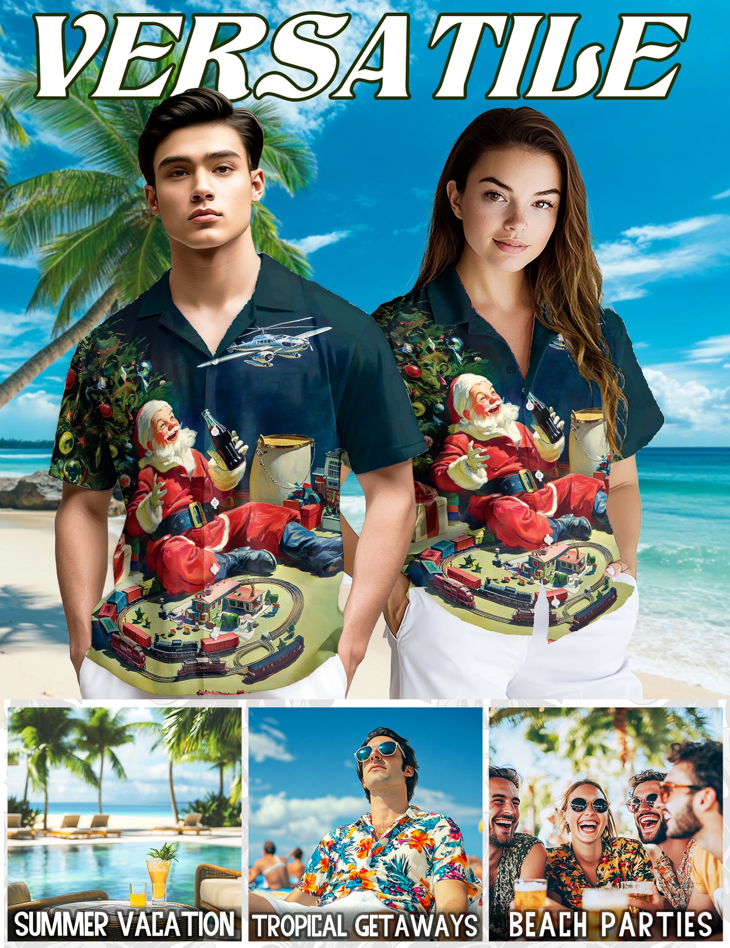 Netecom Vintage Santa Claus Christmas Train Hawaiian Shirt for Men, Retro Santa Xmas Button Down Short Sleeve Shirt