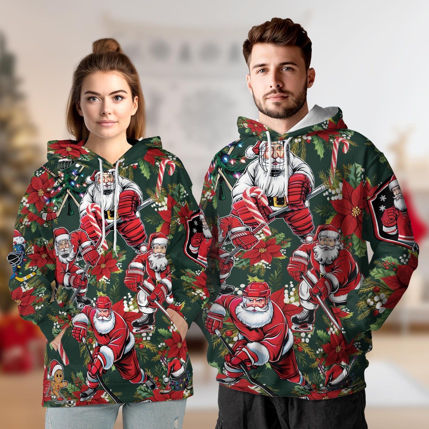 Netecom Santa Claus Hockey Print Hoodie with Front Pocket, All Over Funny Christmas Sports Graphic Sweatshirt Unisex Casual