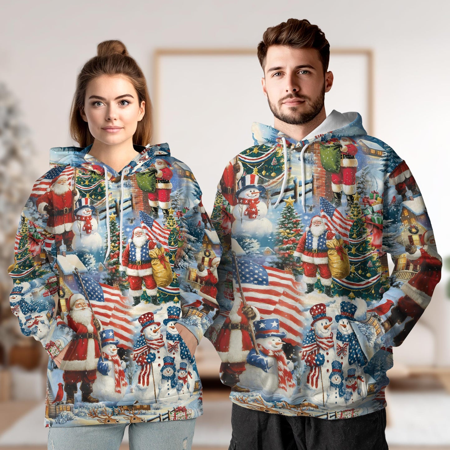 Netecom Santa Claus American Flag Christmas 3D Hoodie with Front Pocket, Unisex Casual All Over Graphic Sweatshirt