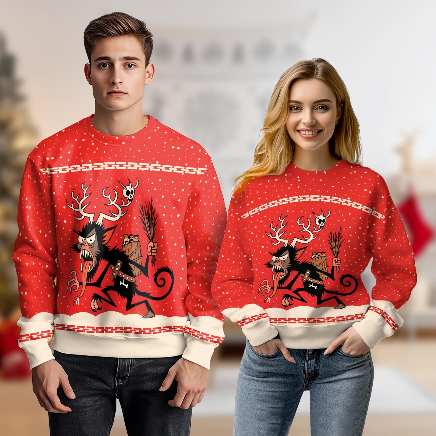 Netecom Merry Krampus Christmas Sweatshirt 3D All Over Print, Horror Style, Crewneck Pullover for Costume Party