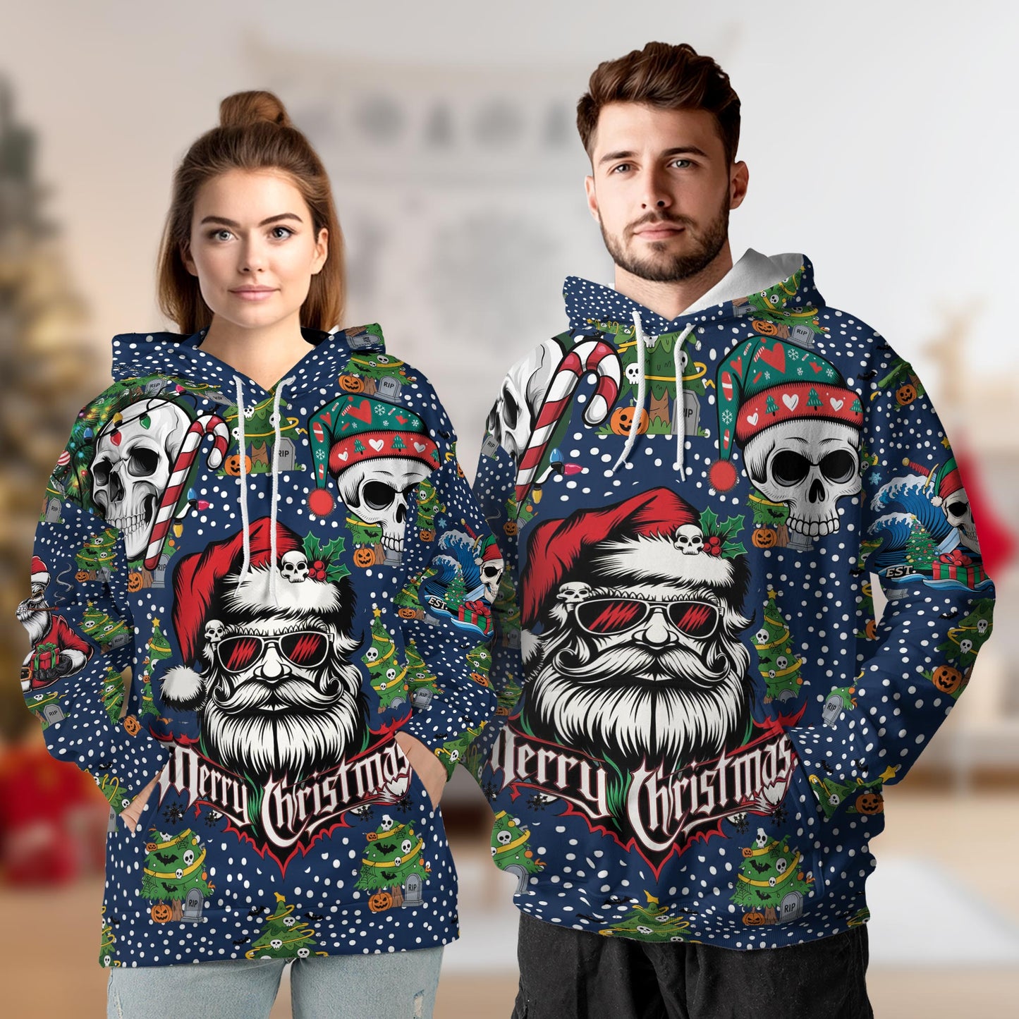 Netecom Santa Skull Christmas Print Hoodie with Front Pocket, All Over Graphic Gothic Skeleton Santa Sweatshirt Unisex Casual