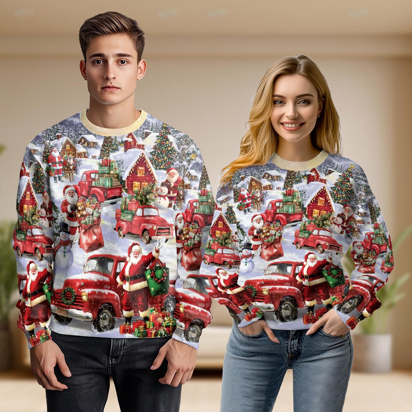 Netecom Santa Red Truck Christmas Sweatshirt 3D All Over Print– Unisex Crewneck Pullover, Lightweight Fleece Casual Outfit