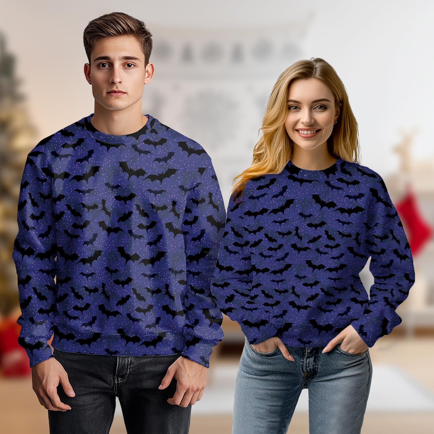 Netecom Halloween Bat Pattern Sweatshirt 3D All Over Print, Spooky Night Outfit, Crewneck Pullover for Costume Party