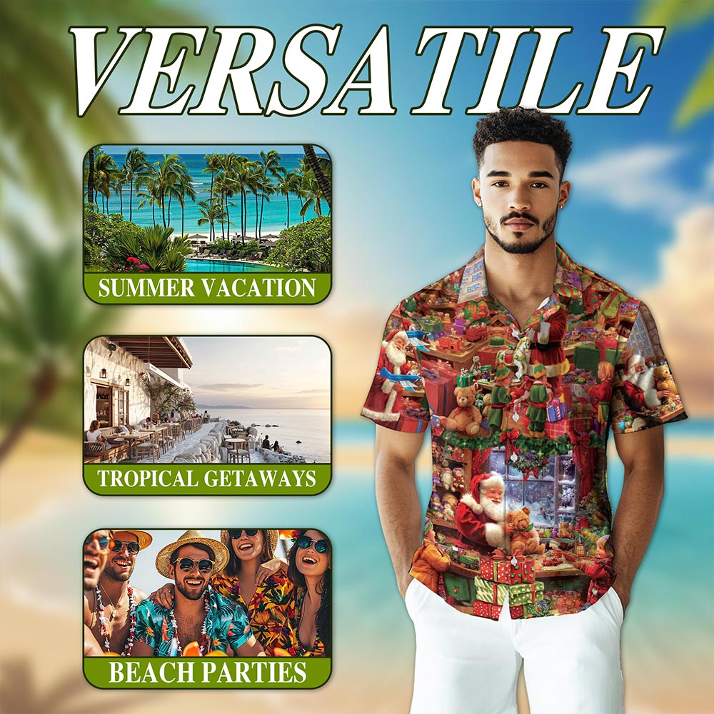 Netecom Santa Claus Workshop Hawaiian Shirt for Men Women, Festive Christmas Holiday Button Down Summer Beach Shirt, S-5XL