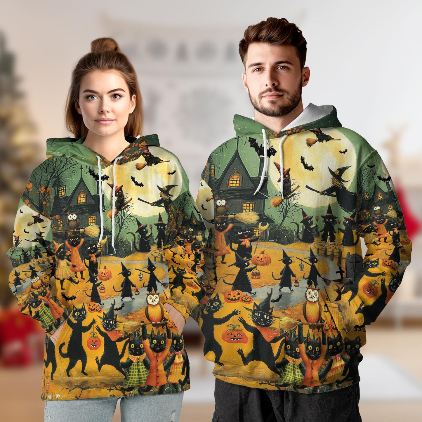Netecom Black Cat Halloween 3D Print Hoodie with Front Pocket, All Over Graphic Animal Pumpkin Sweatshirt Unisex Casual