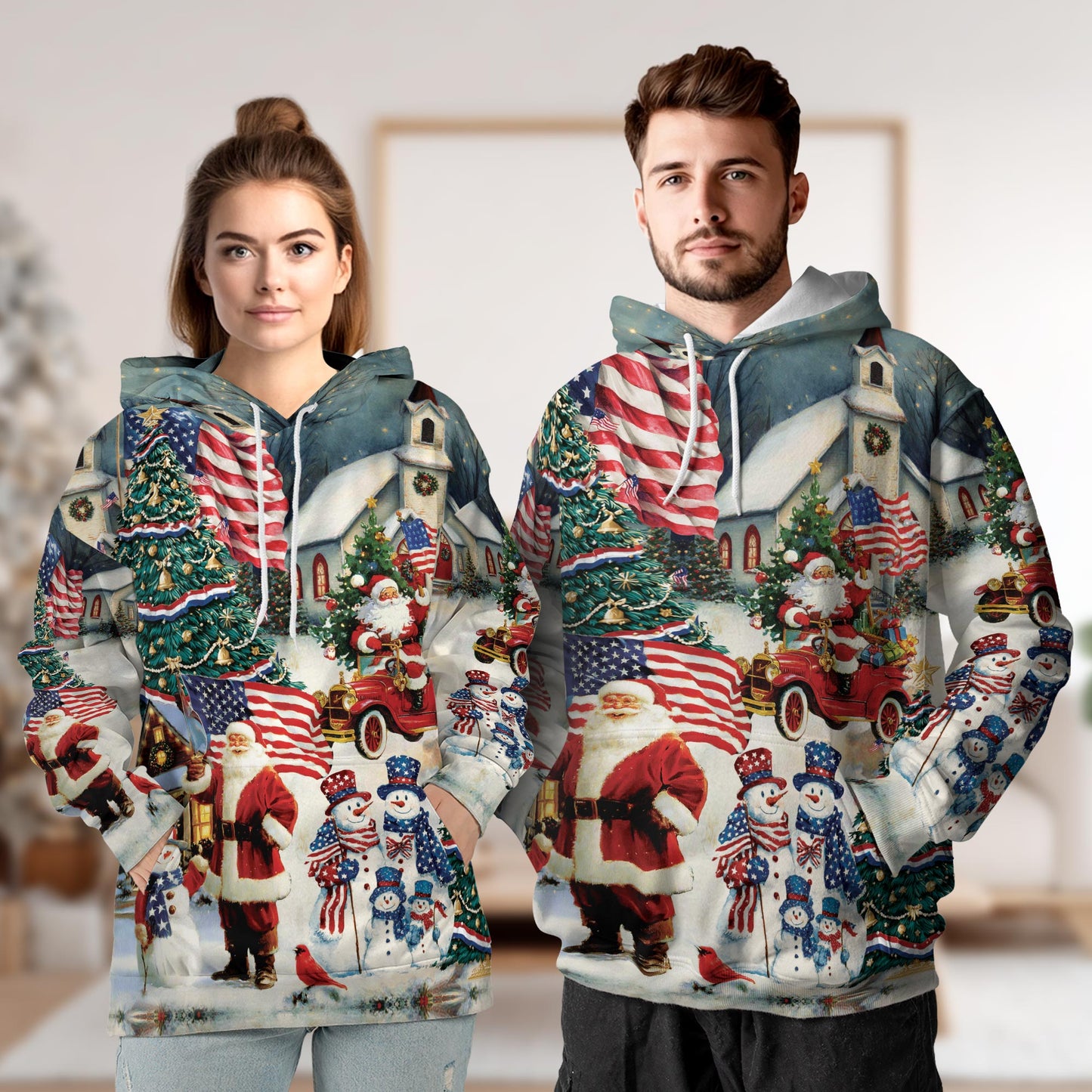 Netecom American Flag Santa Christmas 3D Hoodie with Front Pocket, Unisex Casual All Over Patriotic Graphic Sweatshirt