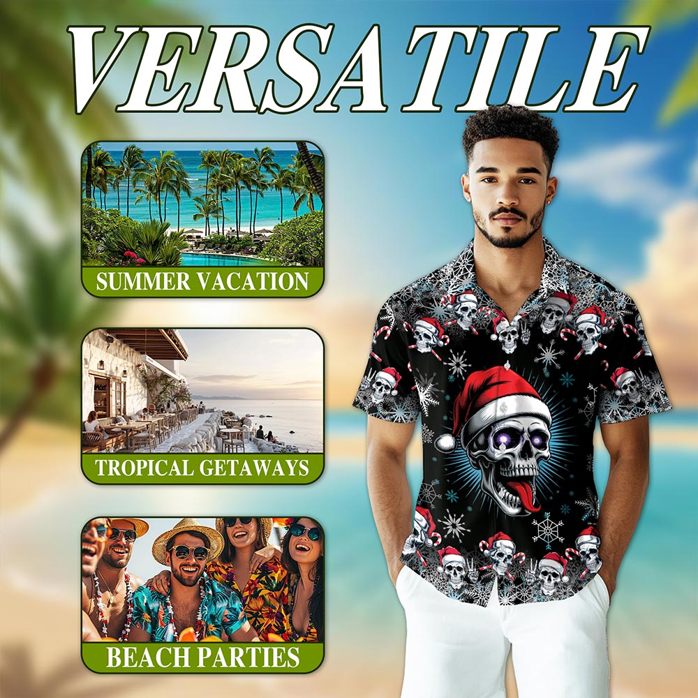 Netecom Skull Christmas Hawaiian Shirt for Men Women, Santa Hat Skeleton Button Down Summer Beach Short Sleeve Shirts, S-5XL