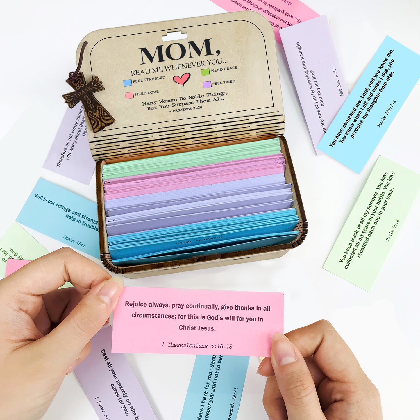 Bible Verse Box for Mom– 150 Prayer Cards, Bible Verses With Wooden Box for Emotion and Feeling, Gift for Mothers Day, Inspirational Scriptures, Christian Bible Gifts for Women