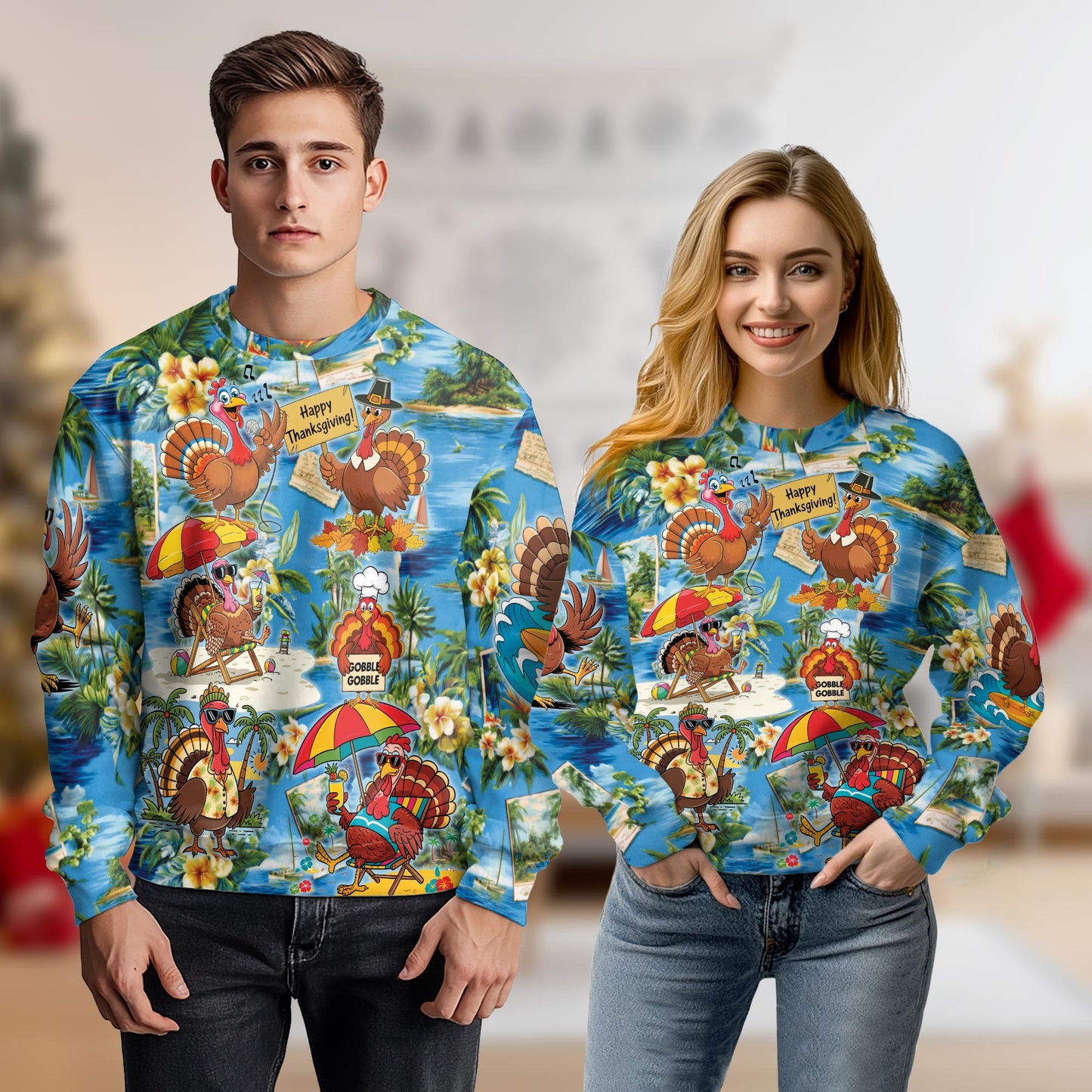 Netecom Thanksgiving Turkey Sweatshirt 3D All Over Print, Funny Hawaiian Beach Design, Crewneck Pullover for Costume Party