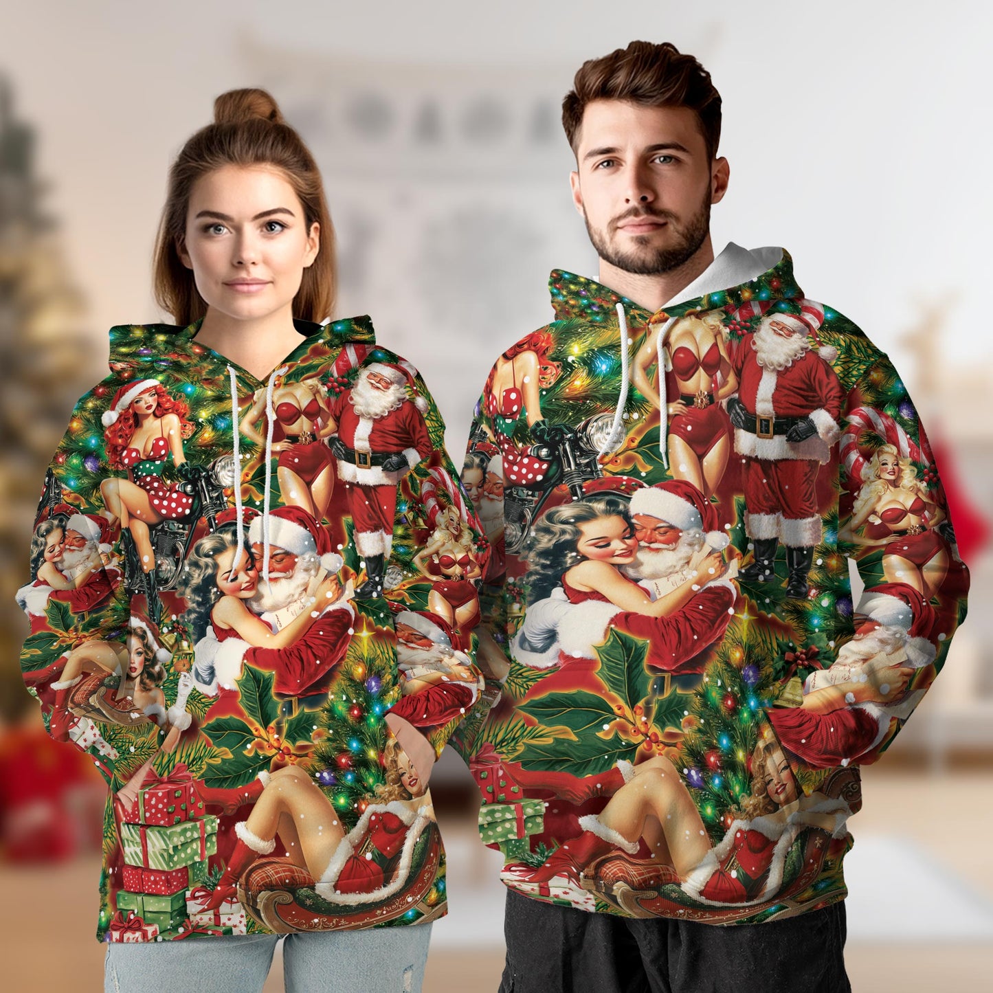 Netecom Christmas Santa Claus Pinup Girl Print Hoodie with Front Pocket, All Over Vintage Graphic Sweatshirt Unisex Casual