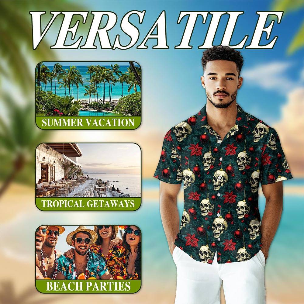 Netecom Skull Christmas Hawaiian Shirt for Men, Gothic Holiday Ornament Button Down Summer Beach Short Sleeve Shirts, S-5XL