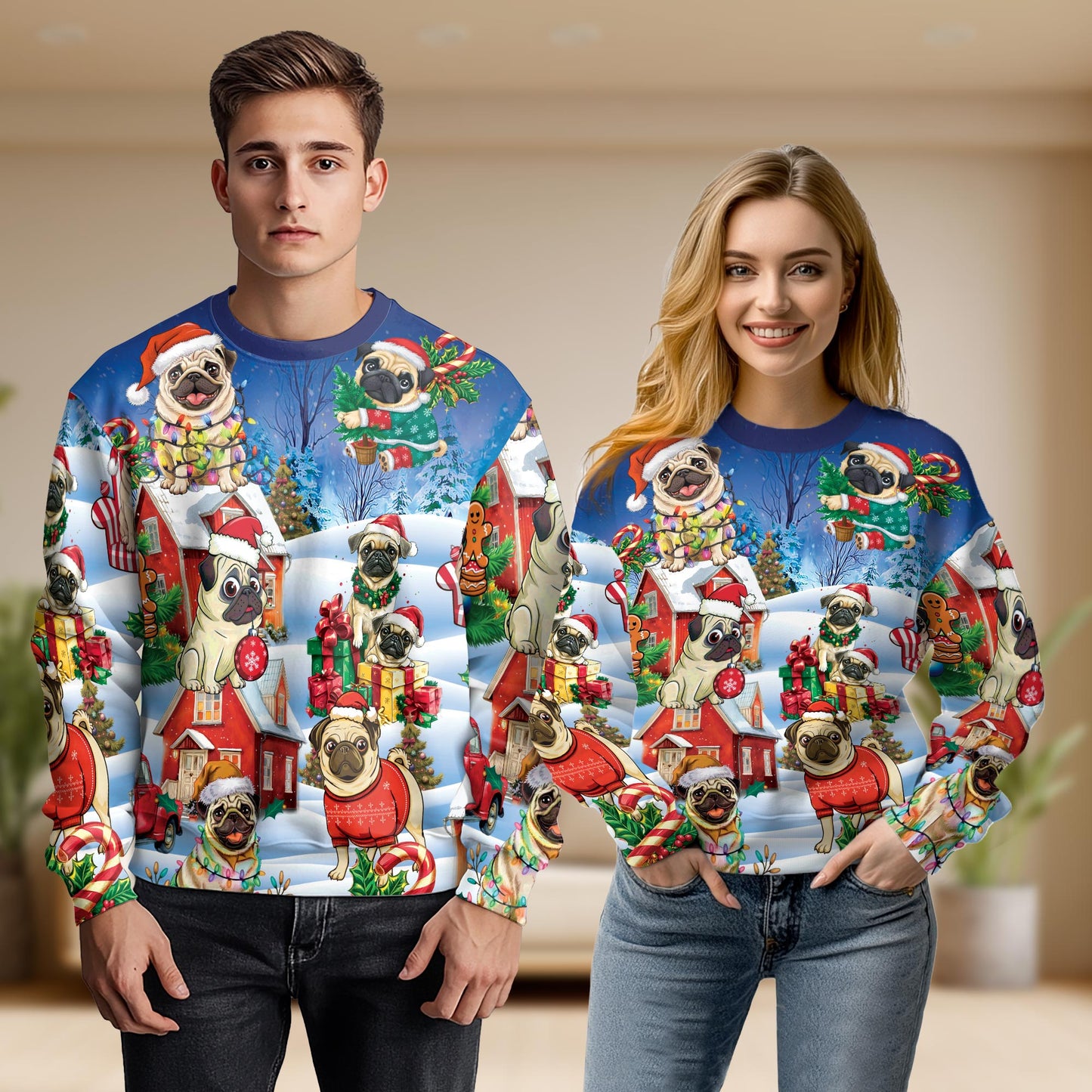 Netecom Funny Pug Christmas Sweatshirt 3D All Over Print – Unisex Crewneck Pullover, Lightweight Fleece Casual Outfit