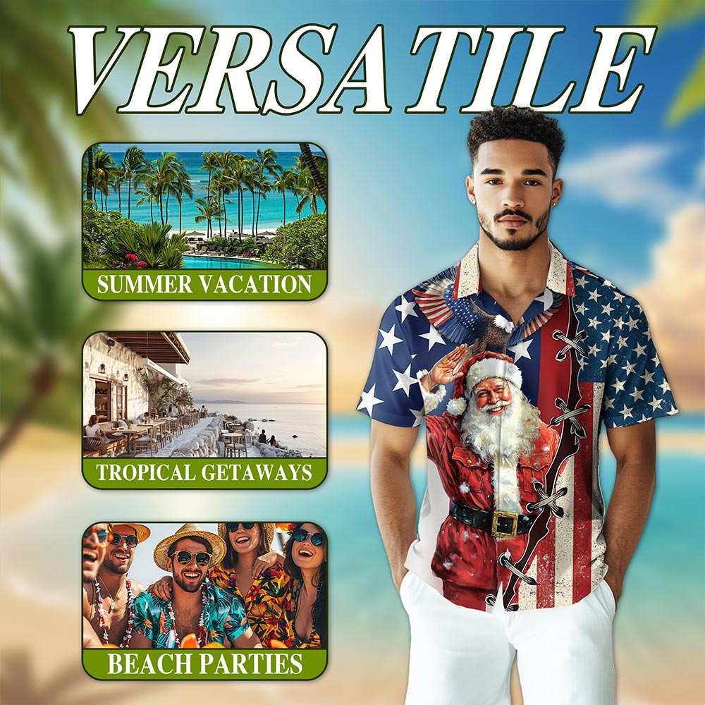 Netecom Patriotism American Christmas Hawaiian Shirt for Men, Santa Eagle USA Flag Button Down Summer Beach Shirts, S-5XL