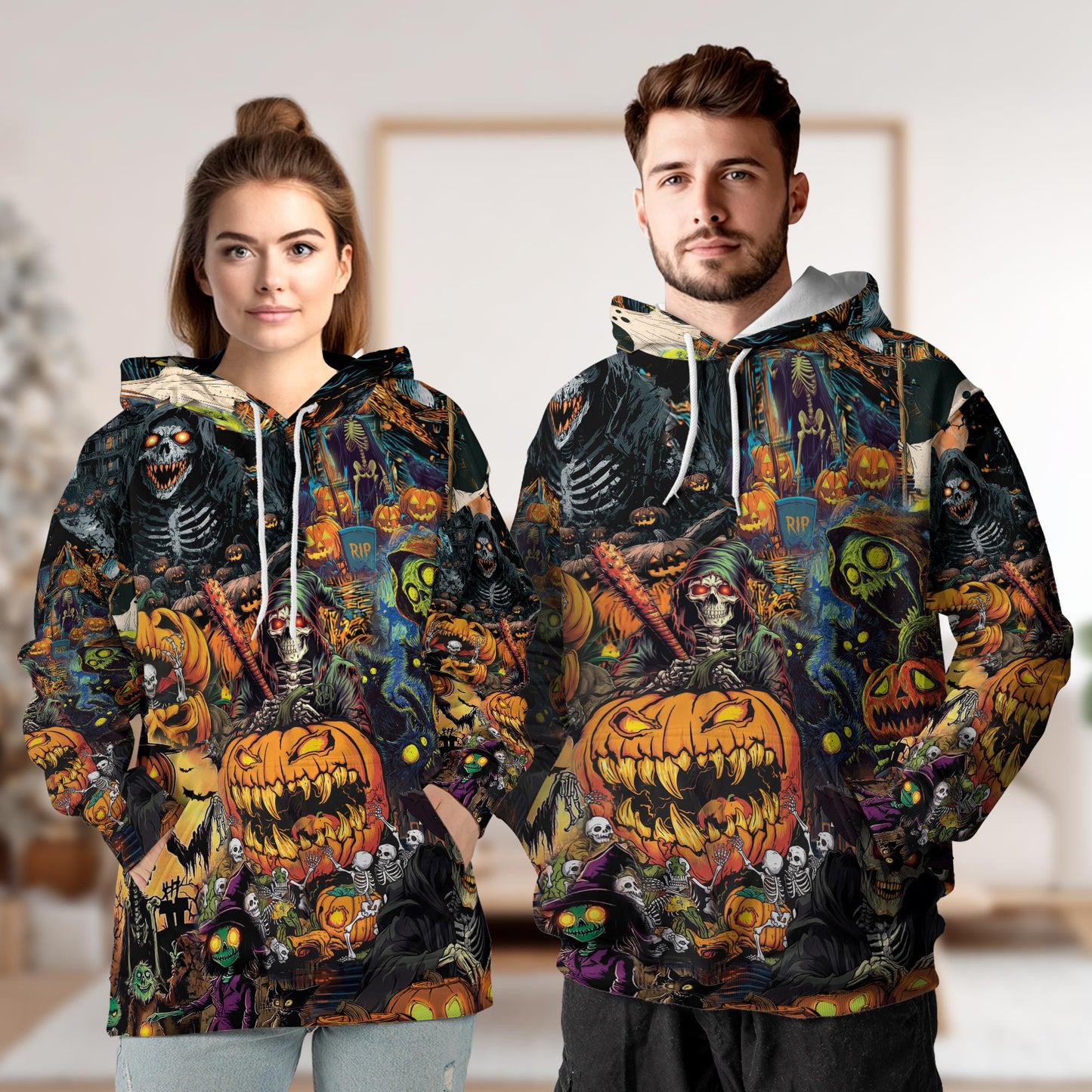 Netecom Spooky Skeleton Halloween 3D Hoodie with Front Pocket, Unisex Casual All Over Pumpkin Graphic Sweatshirt