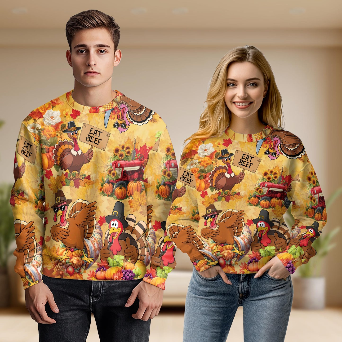 Netecom Funny Thanksgiving Turkey Sweatshirt 3D All Over Print – Unisex Crewneck Pullover, Lightweight Fleece Casual Outfit