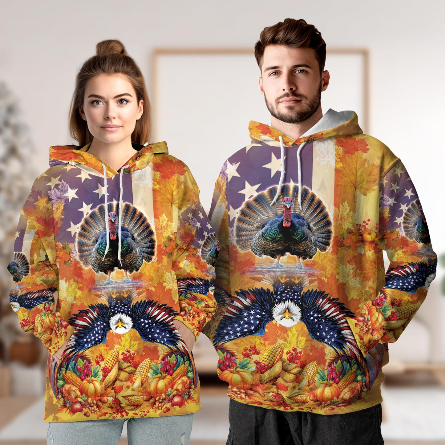 Netecom Turkey and Eagle Thanksgiving 3D Hoodie with Front Pocket, Unisex Casual All Over Autumn Graphic Sweatshirt