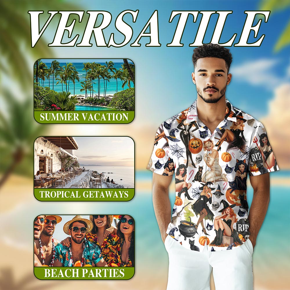 Netecom Pinup Girls Hawaiian Shirt, Pumpkin Skull Halloween Button Down Summer Beach Short Sleeve Shirts, S-5XL