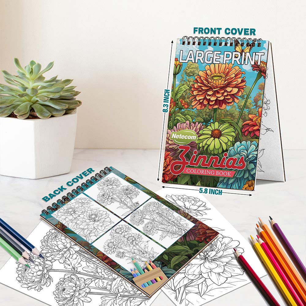 Netecom Large Print Zinnias Spiral Bound Coloring Book For Adults