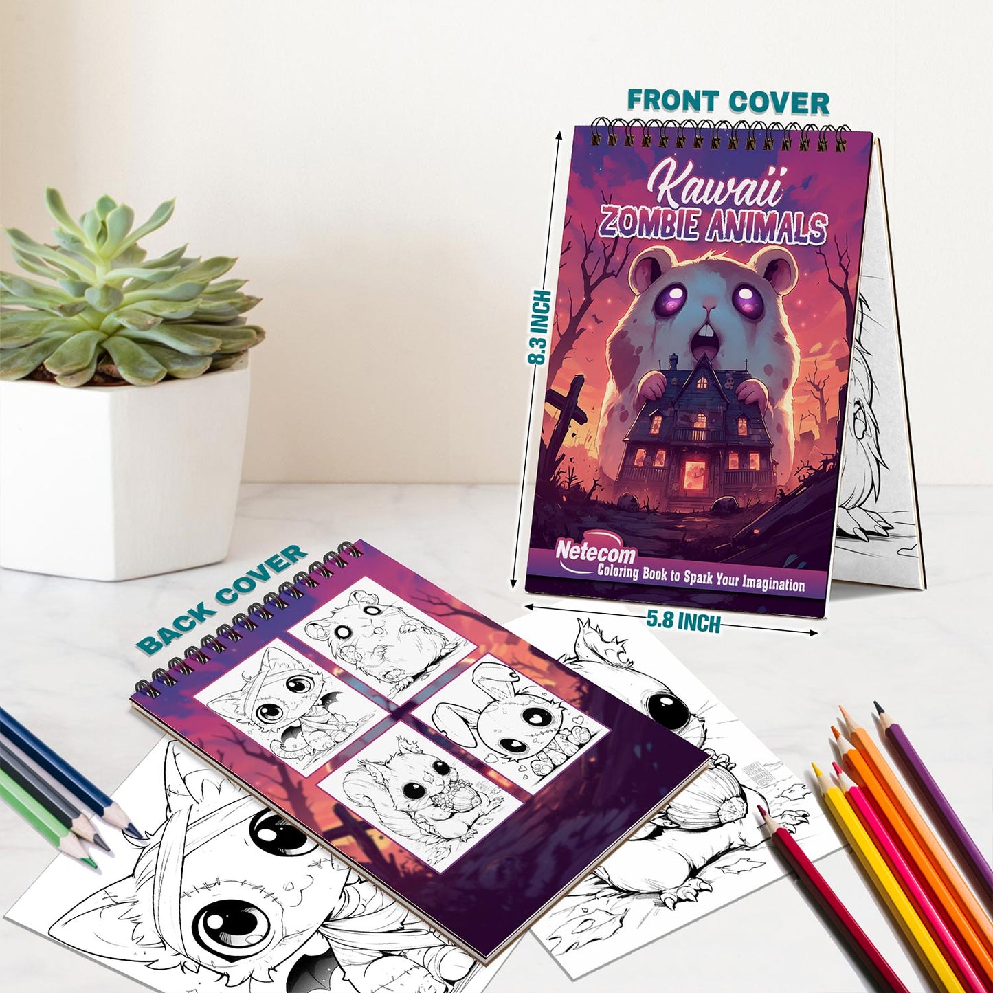 Netecom Kawaii Zombie Animals Spiral Bound Coloring Book For Adults