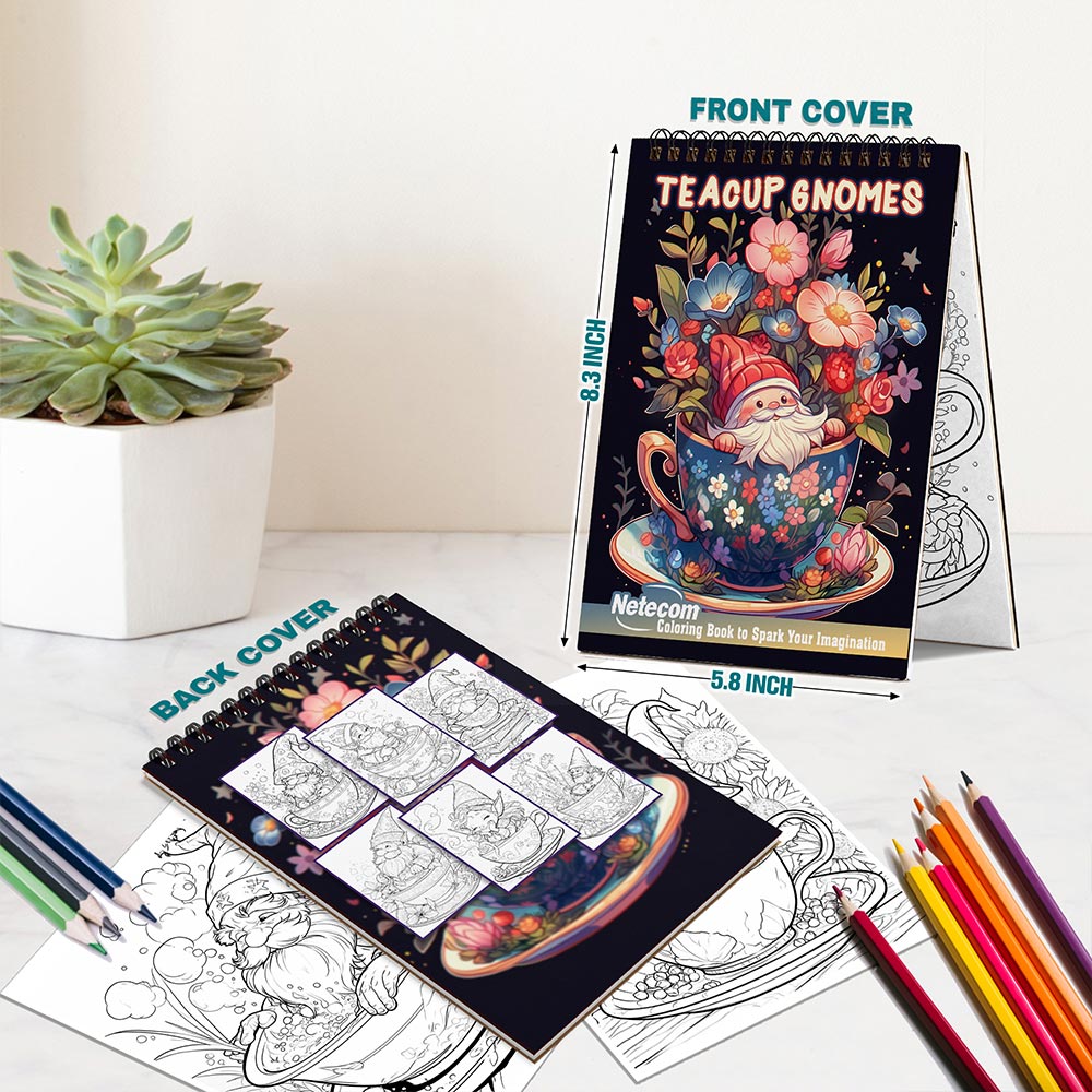 Netecom Teacup Gnomes Spiral Bound Coloring Book For Adults
