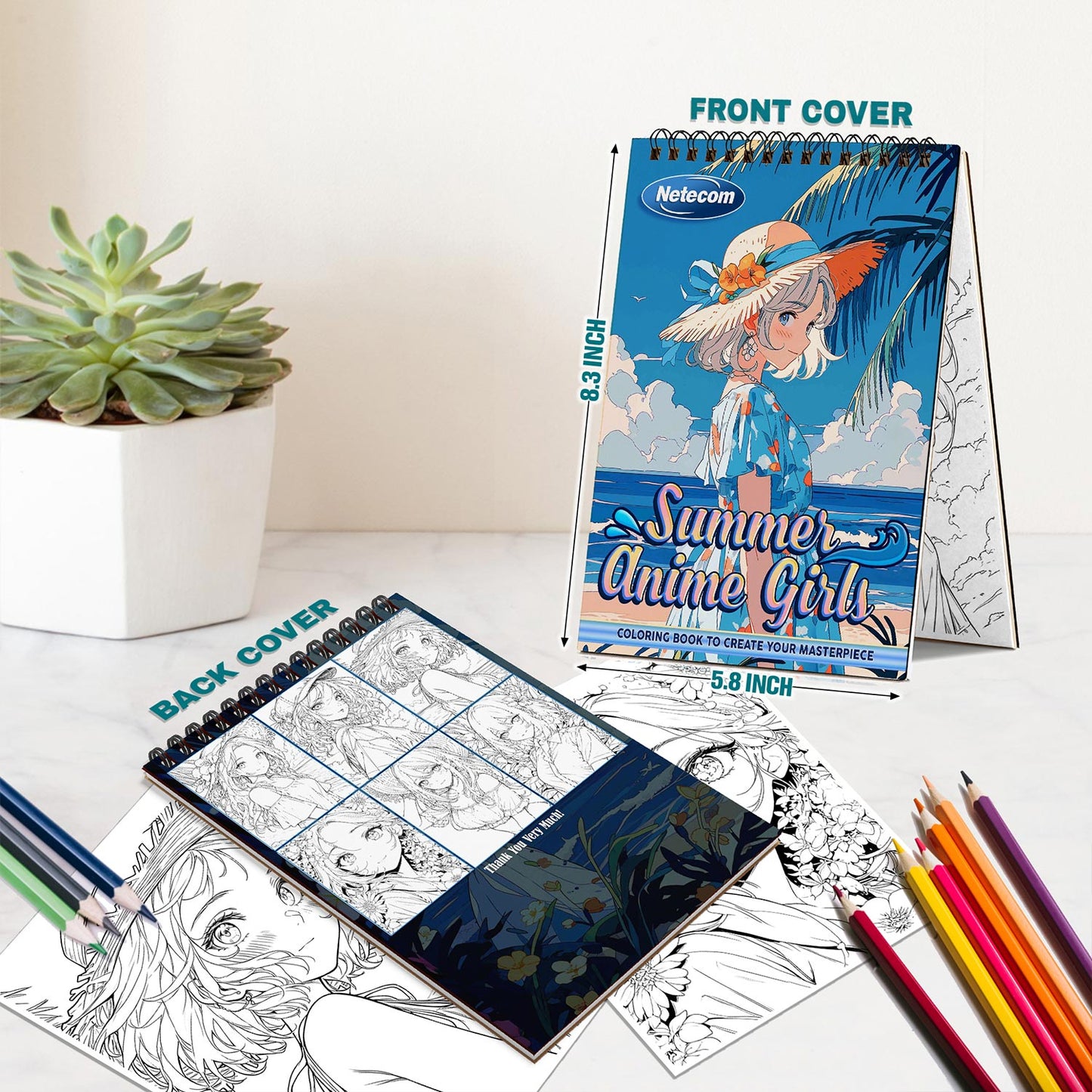 Netecom Summer Anime Girls Spiral Bound Coloring Book For Adults