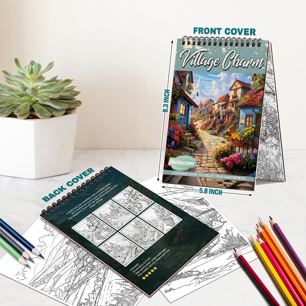 Netecom Village Charm Spiral Bound Coloring Book For Adults