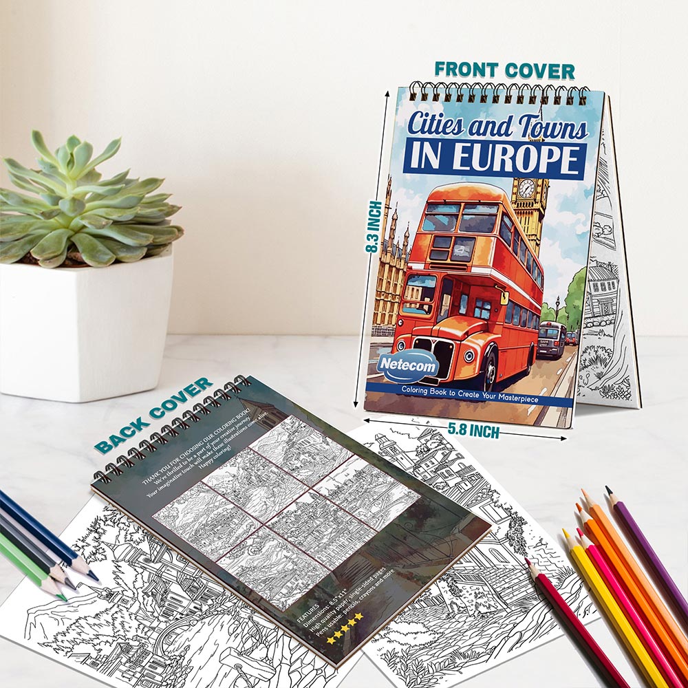 Netecom Cities and Towns In Europe Spiral Bound Coloring Book For Adults