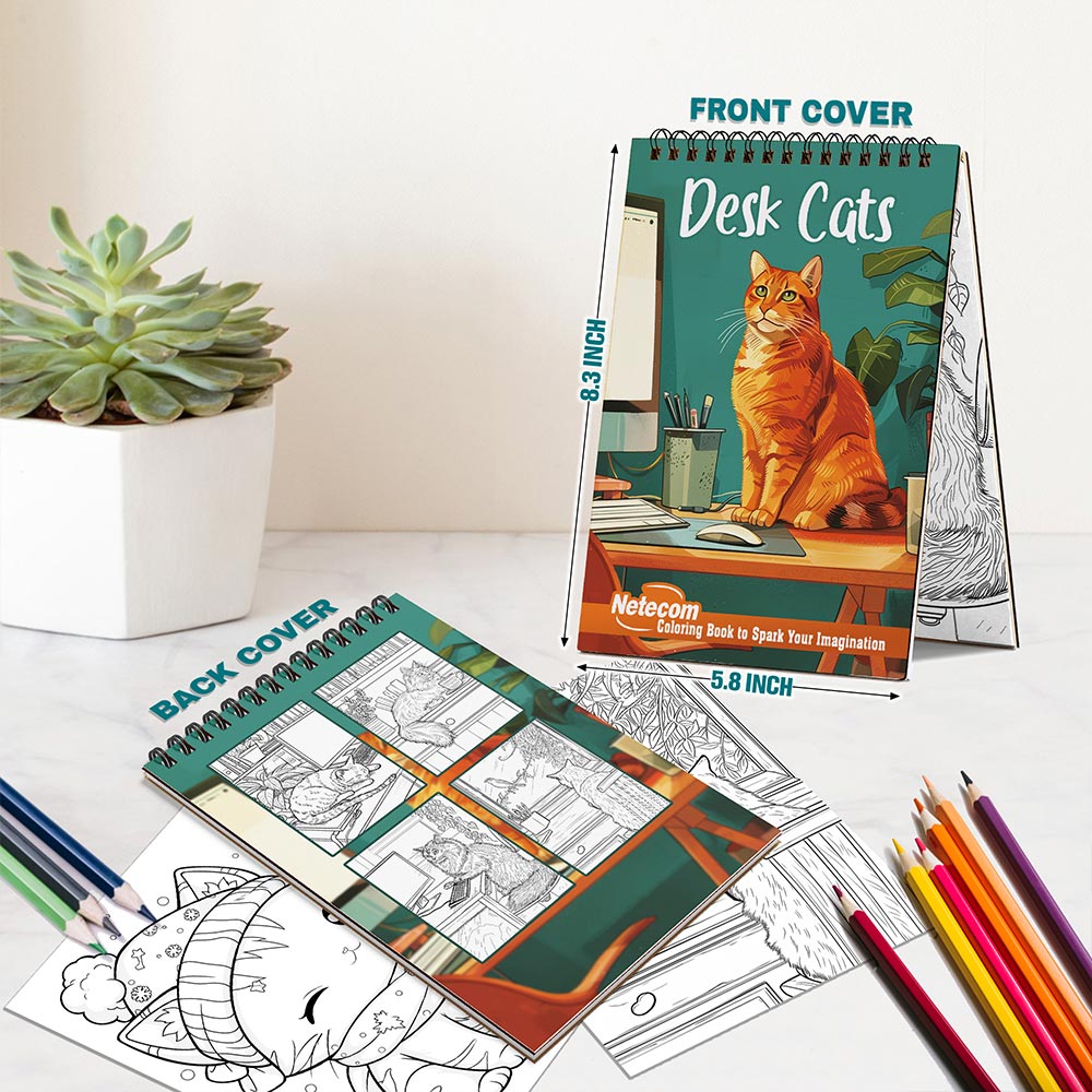Netecom Desk Cats Spiral Bound Coloring Book For Adults