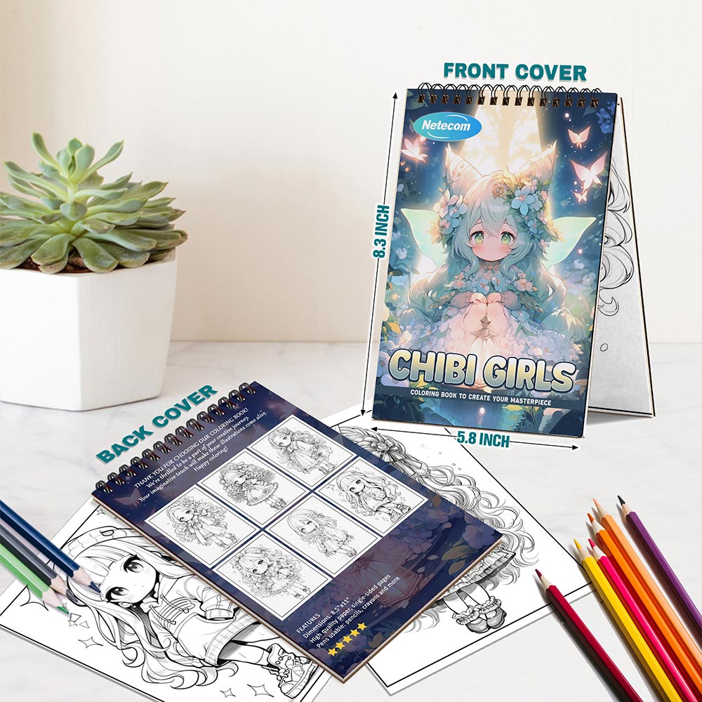 Netecom Chibi Girls Spiral Bound Coloring Book For Adults