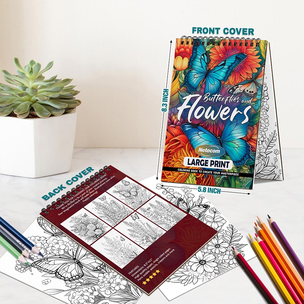 Netecom Large Print Butterflies and Flowers Spiral Bound Coloring Book For Adults