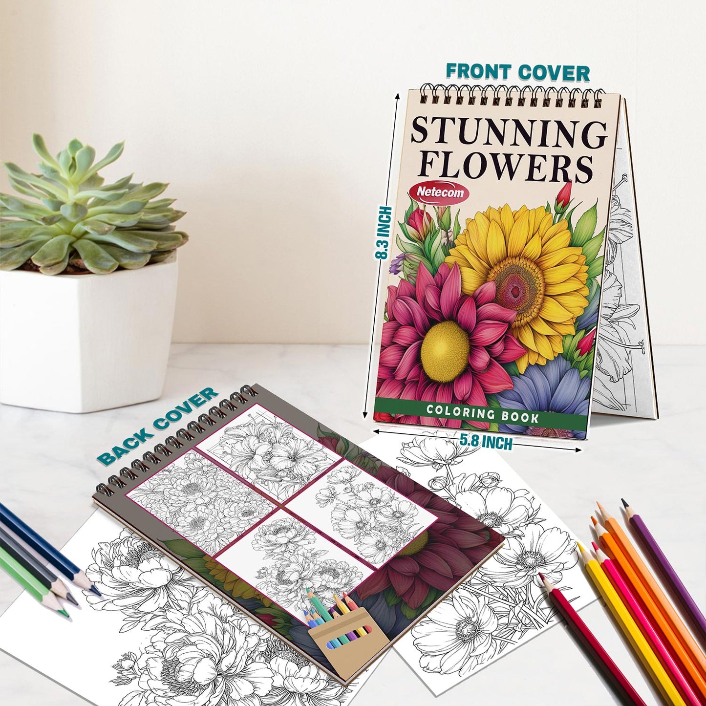 Netecom Stunning Flowers Spiral Bound Coloring Book For Adults