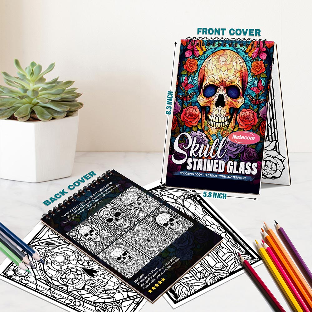 Skull Stained Glass Spiral Bound Coloring Book For Adults