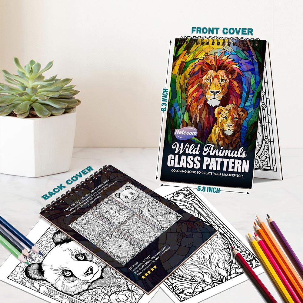 Netecom Wild Animals Stained Glass Spiral Bound Coloring Book For Adults