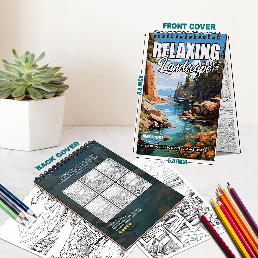 Netecom Relaxing Landscape Spiral Bound Coloring Book For Adults