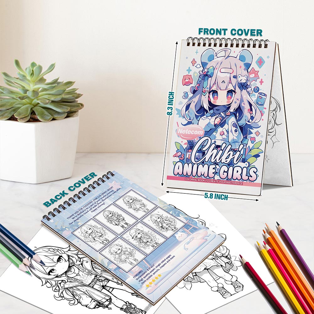 Netecom Chibi Anime Girls Spiral Bound Coloring Book For Adults