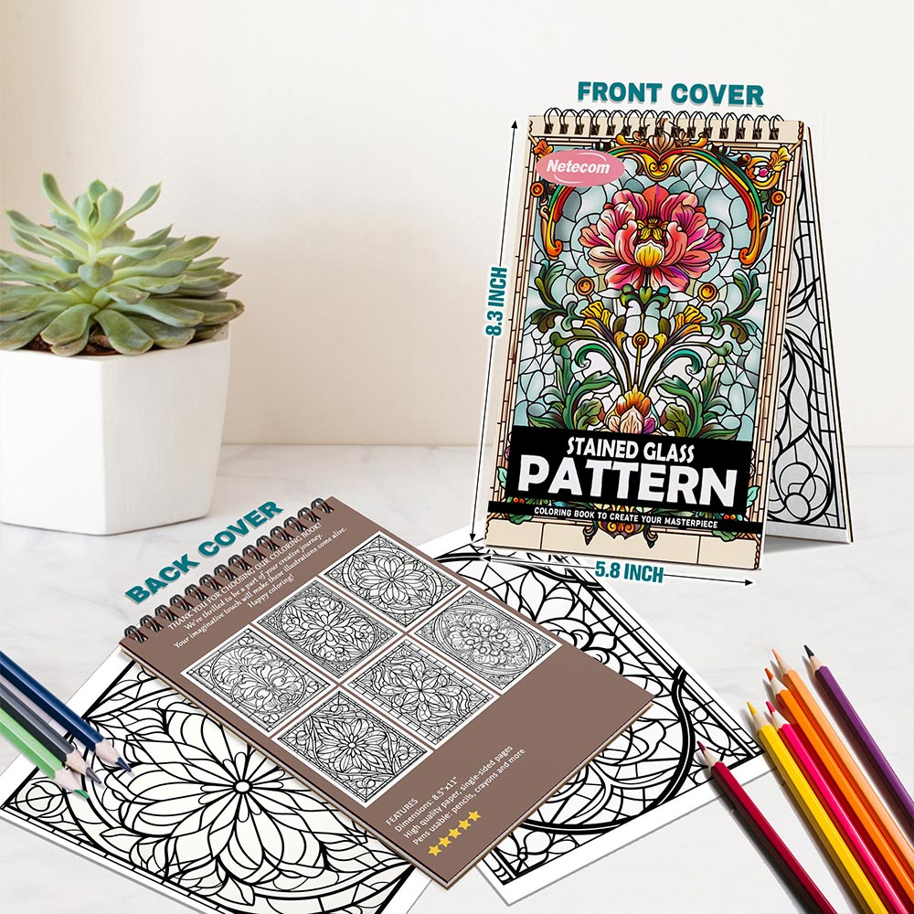 Netecom Stained Glass Pattern Spiral Bound Coloring Book For Adults