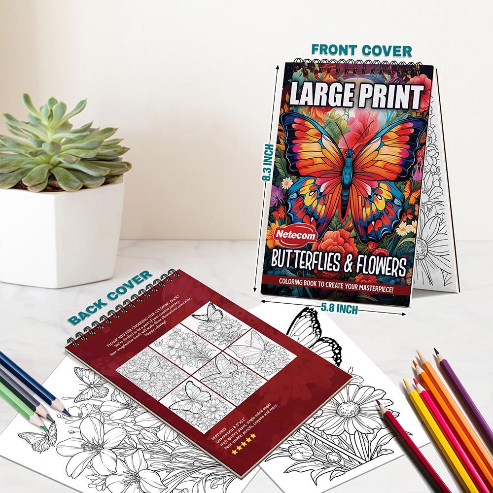 Netecom Large Print Butterflies and Flowers Spiral Bound Coloring Book For Adults