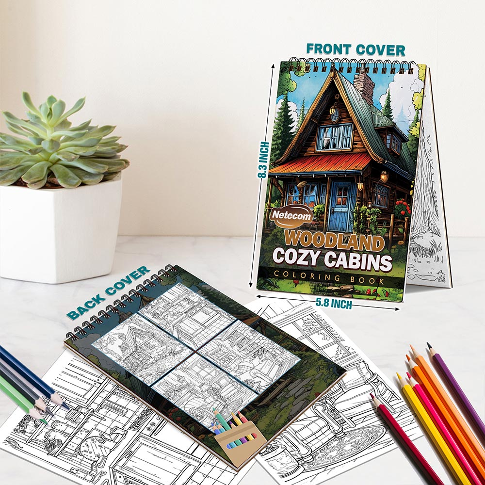 Netecom Woodland Cozy Cabins Spiral Bound Coloring Book For Adults