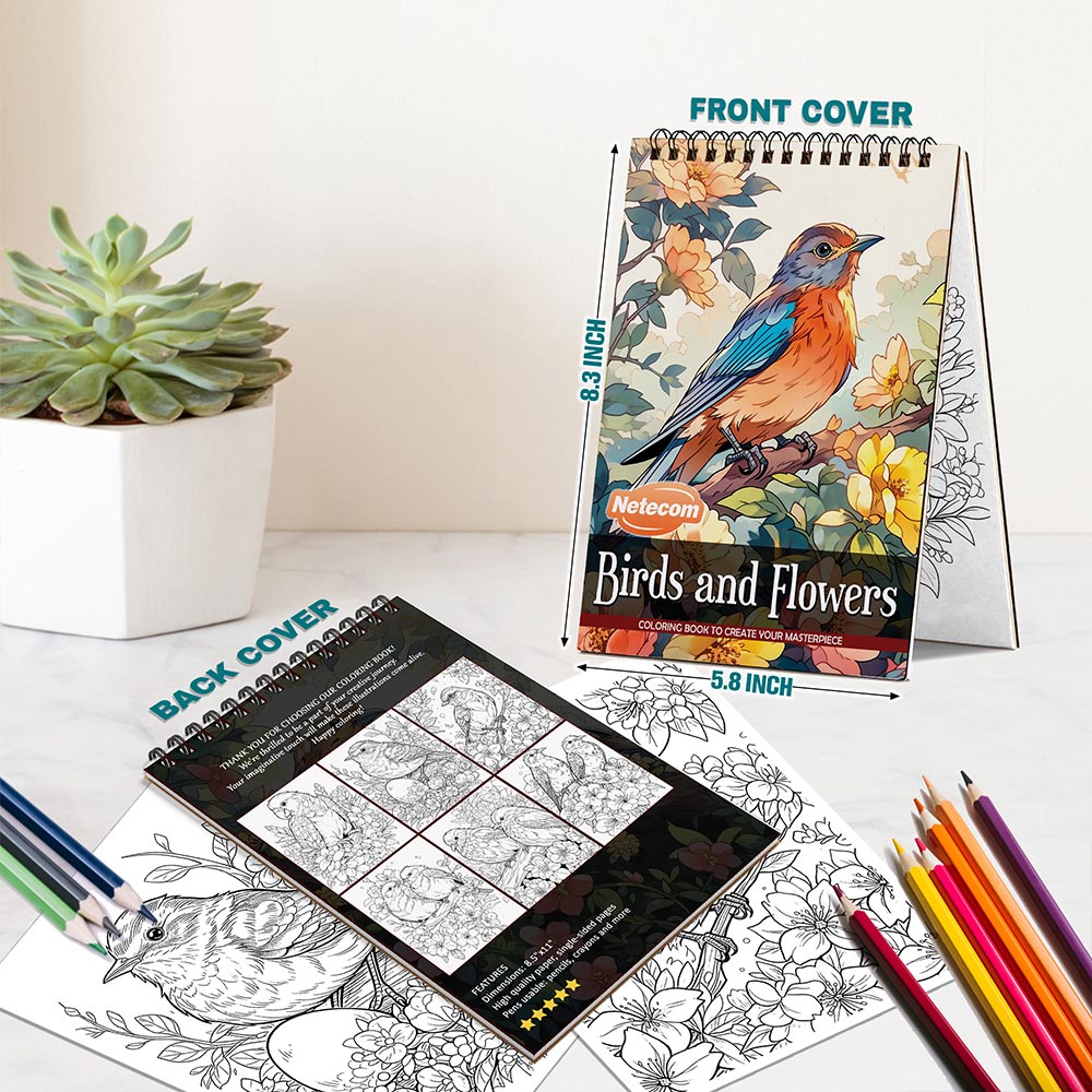 Netecom Birds And Flower Spiral Bound Coloring Book For Adults