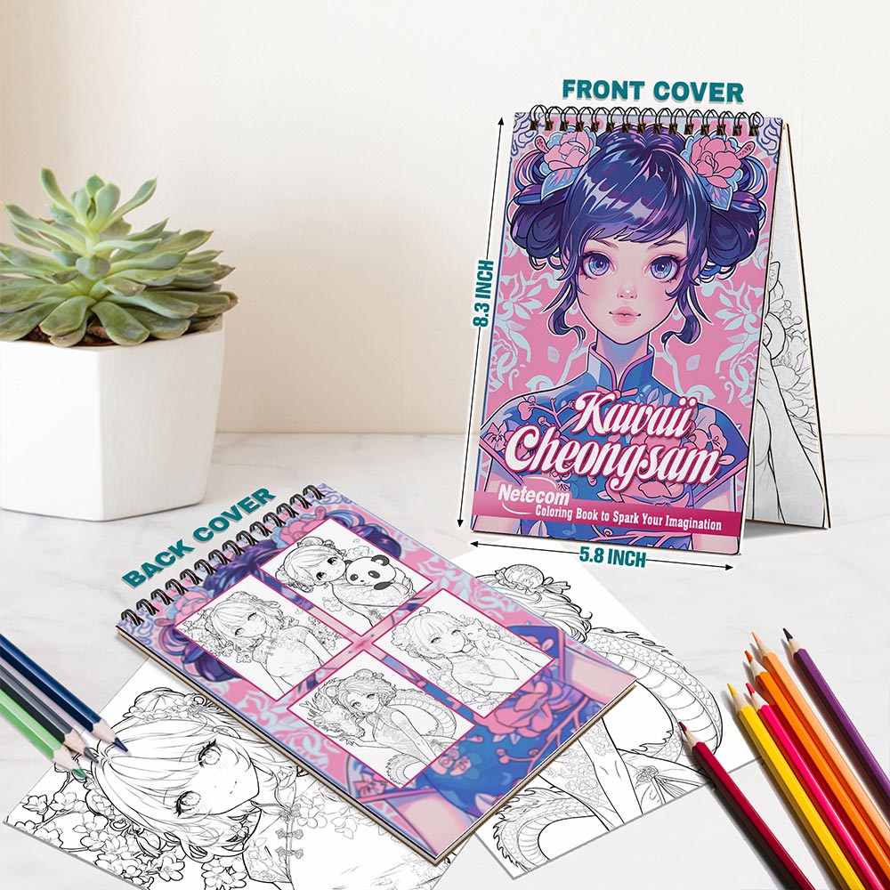 Netecom Kawaii Cheongsam Spiral Bound Coloring Book For Adults