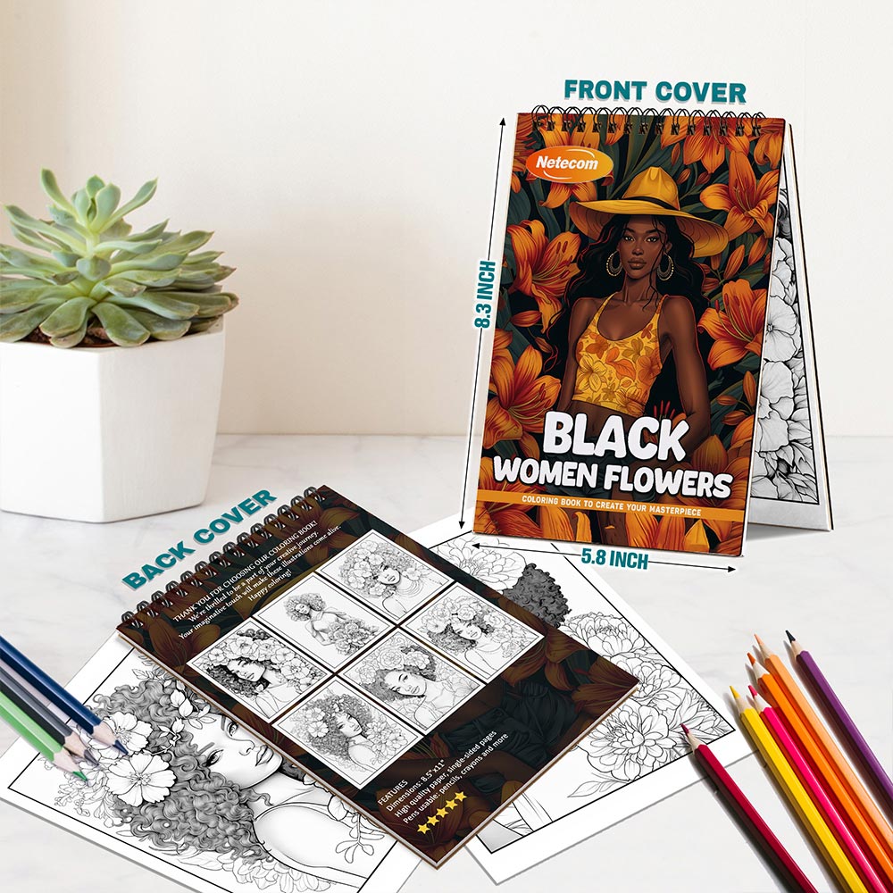 Netecom Black Women Flowers Spiral Bound Coloring Book For Adults