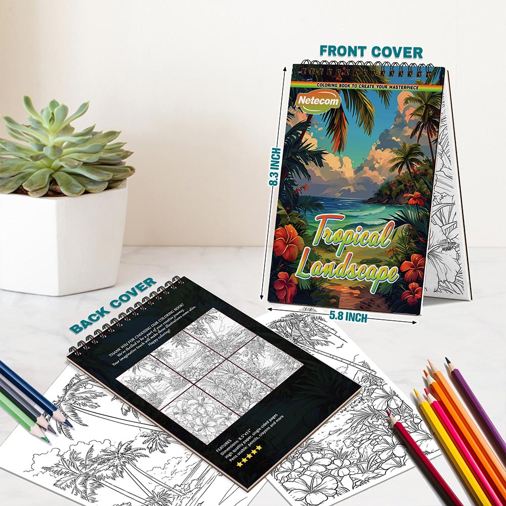 Netecom Tropical Landscape Spiral Bound Coloring Book For Adults