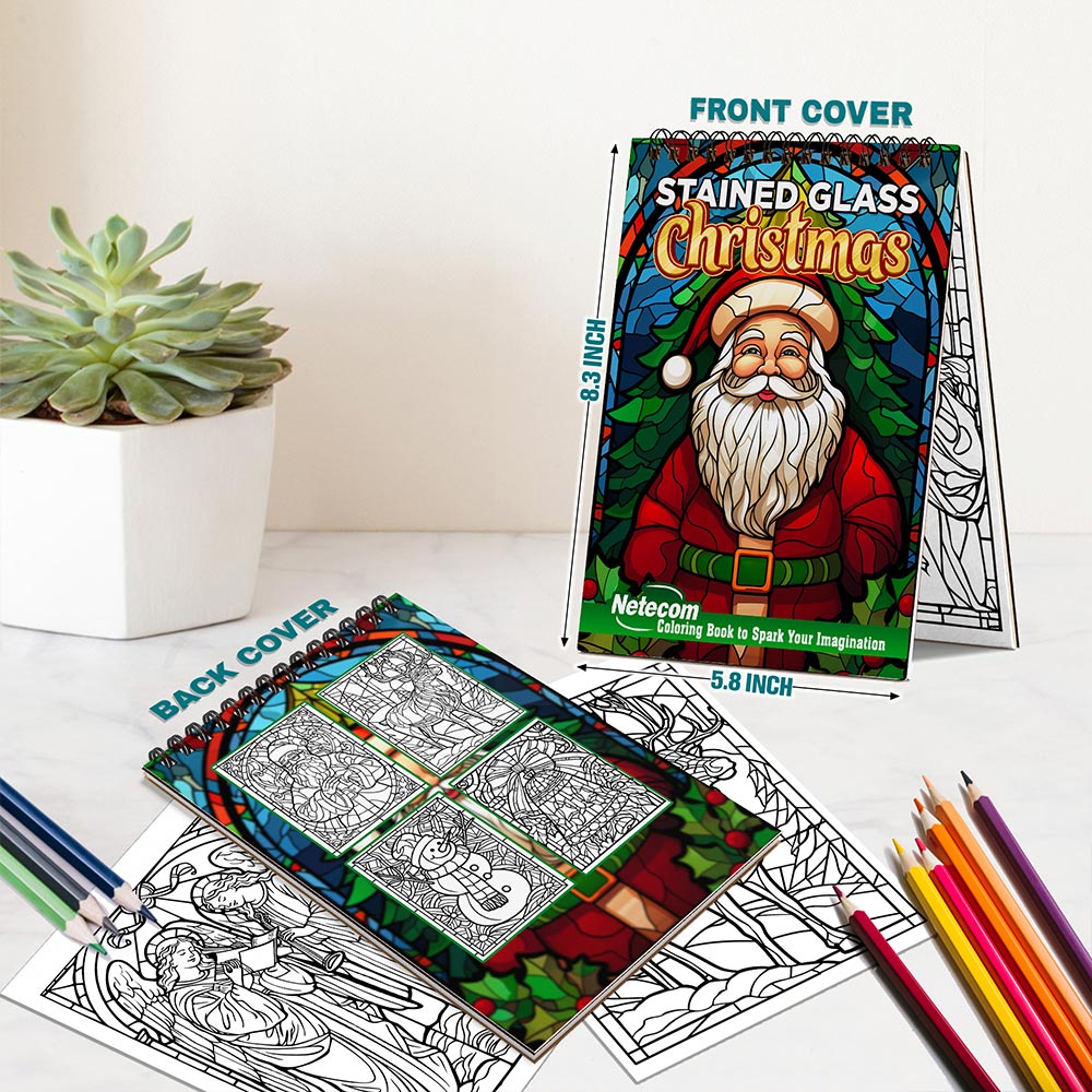 Netecom Stained Glass Christmas Spiral Bound Coloring Book For Adults