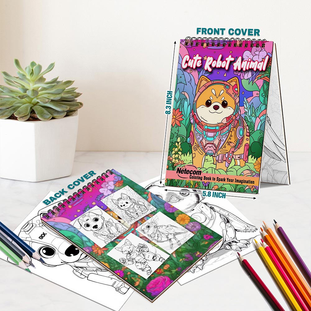 Netecom Cute Robot Animal Spiral Bound Coloring Book For Adults