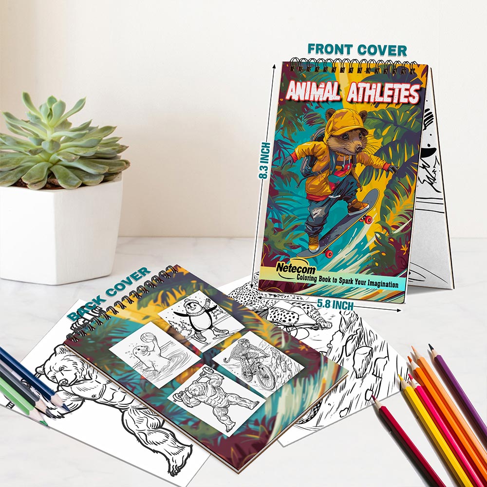 Netecom Animal Athletes Spiral Bound Coloring Book For Adults