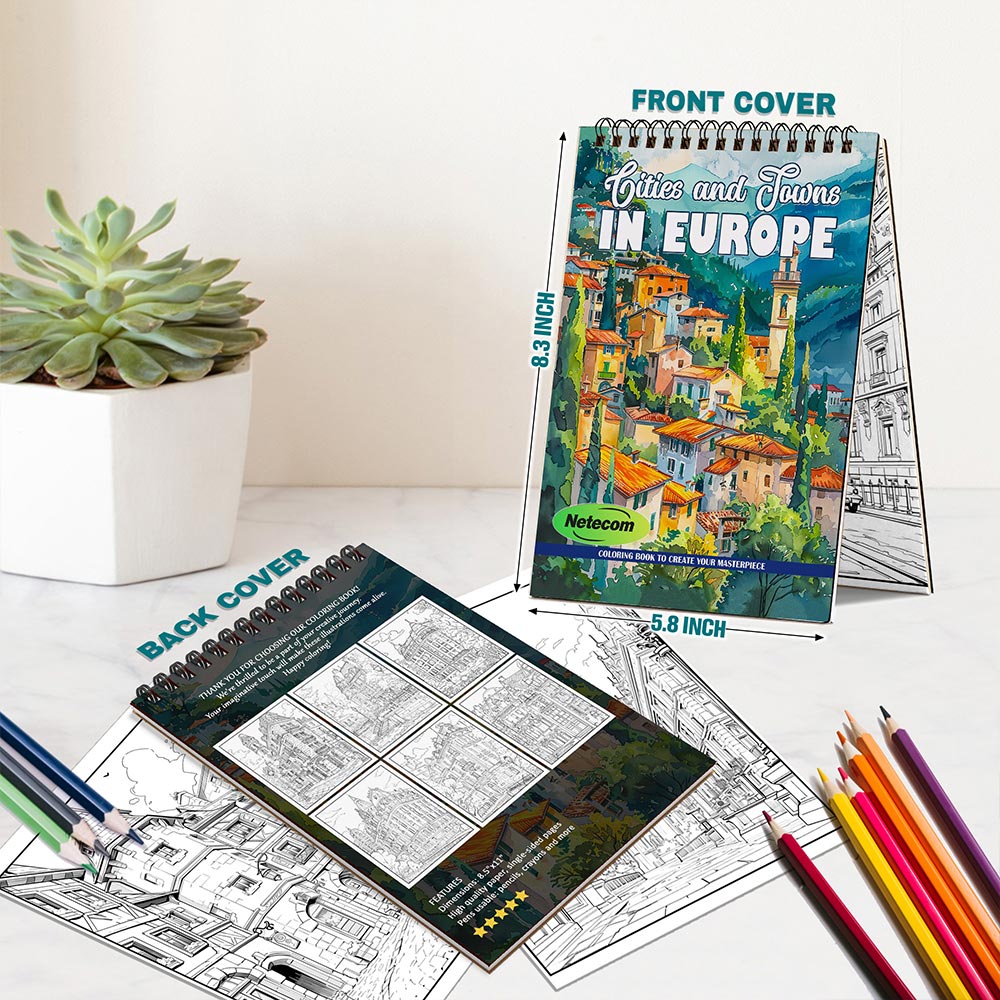 Netecom Cities and Towns In Europe Spiral Bound Coloring Book For Adults